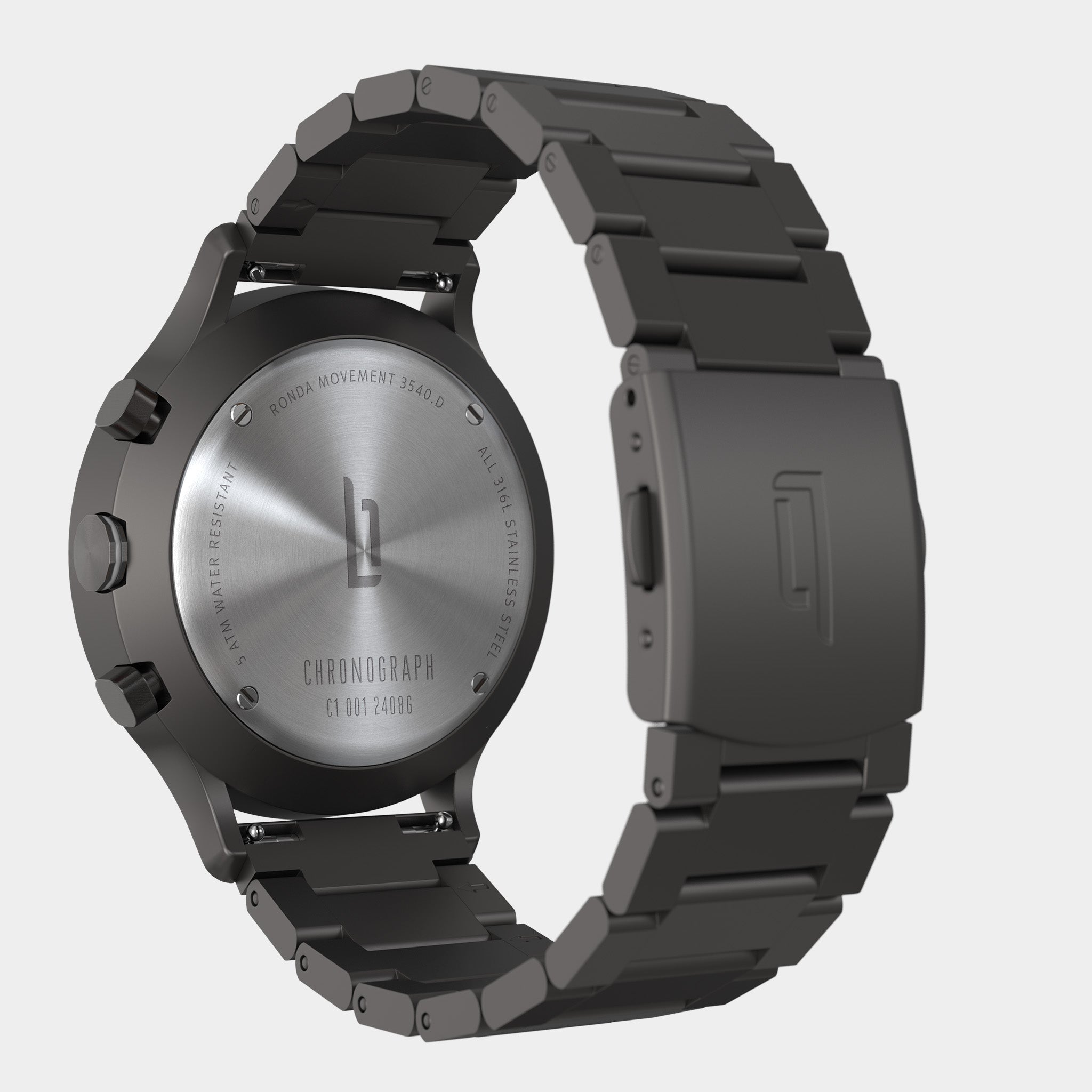 Stainless steel chronograph watch with black metal link strap, engraved caseback, and brushed finish.