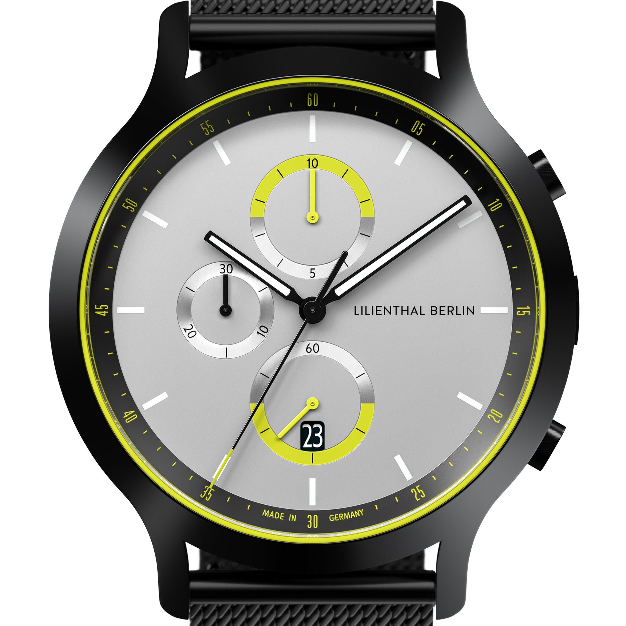 Modern chronograph watch with black case, silver dial, yellow accents, subdials, and date display
