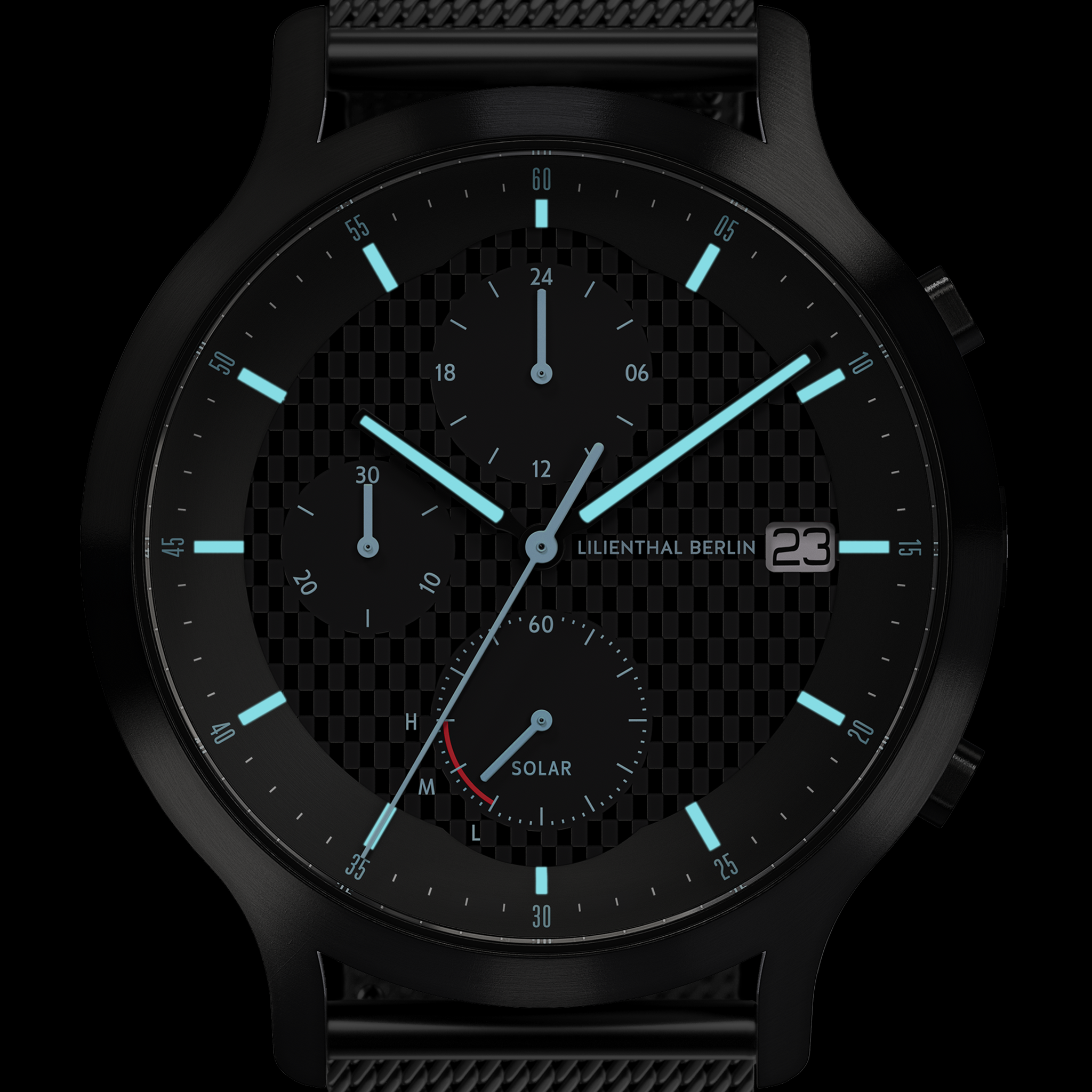 Black solar chronograph watch with date display and blue accents on textured dial