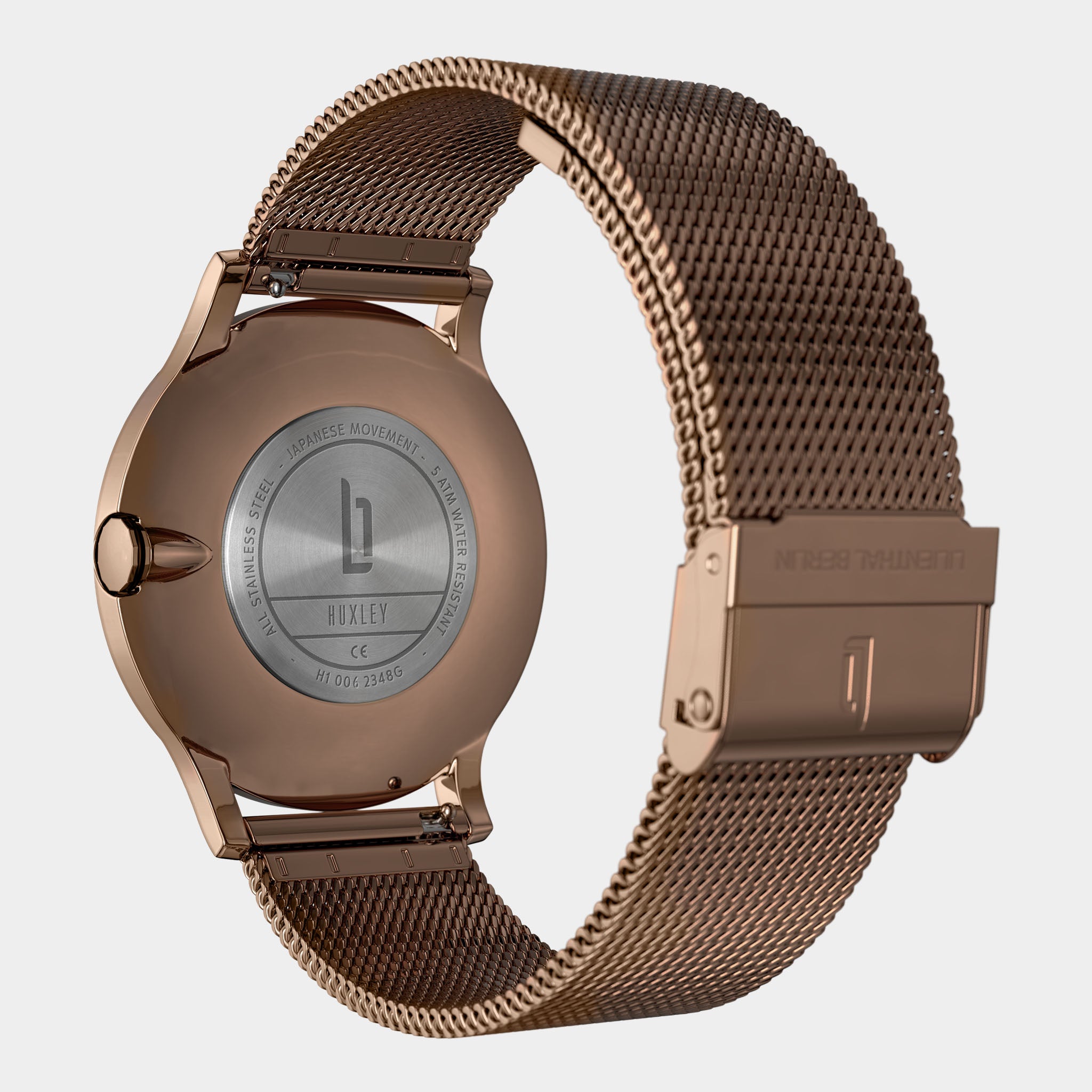 Rose gold stainless steel mesh watch band and caseback with engraved details, modern design.