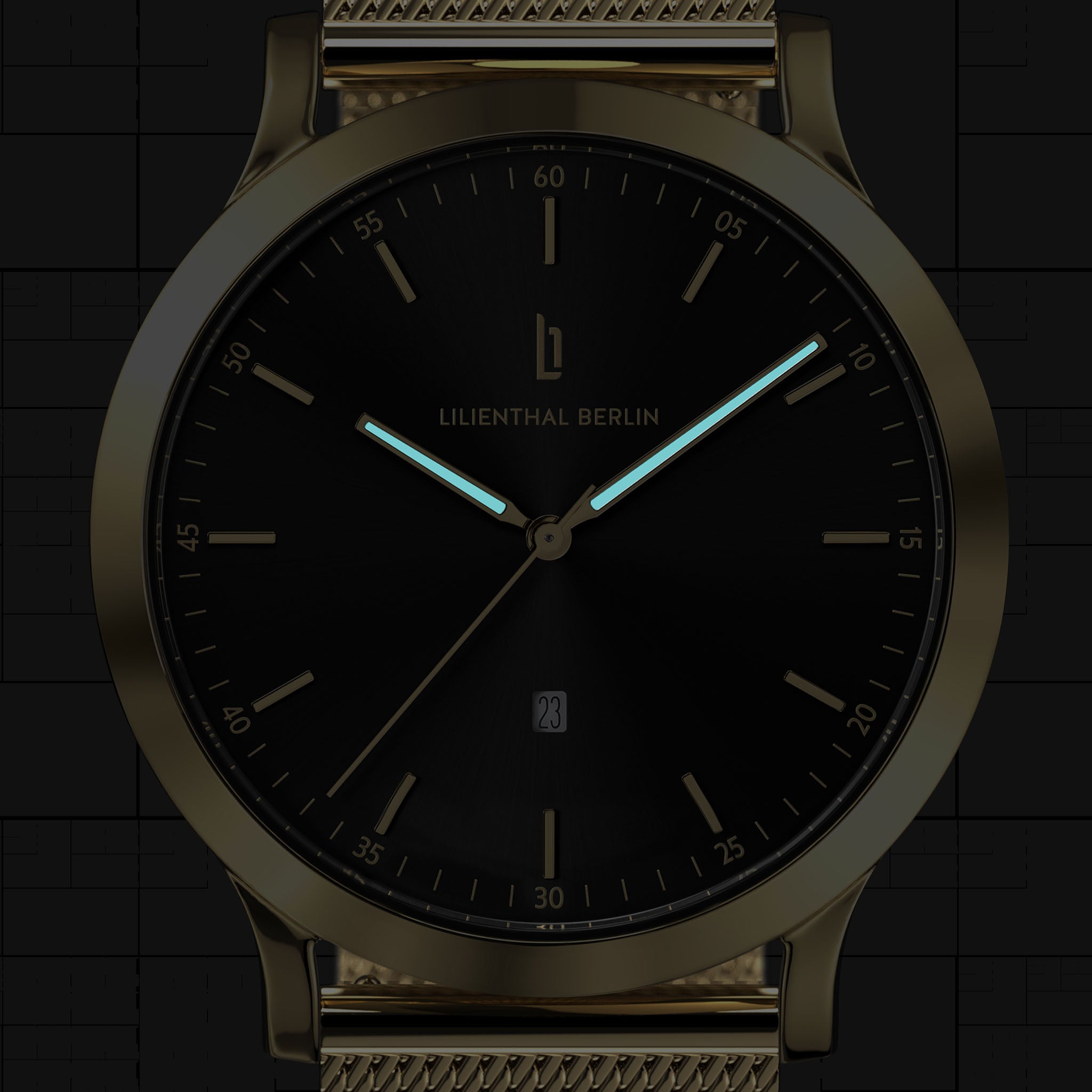Minimalist gold wristwatch with black dial, mesh strap, luminous hands, and date display
