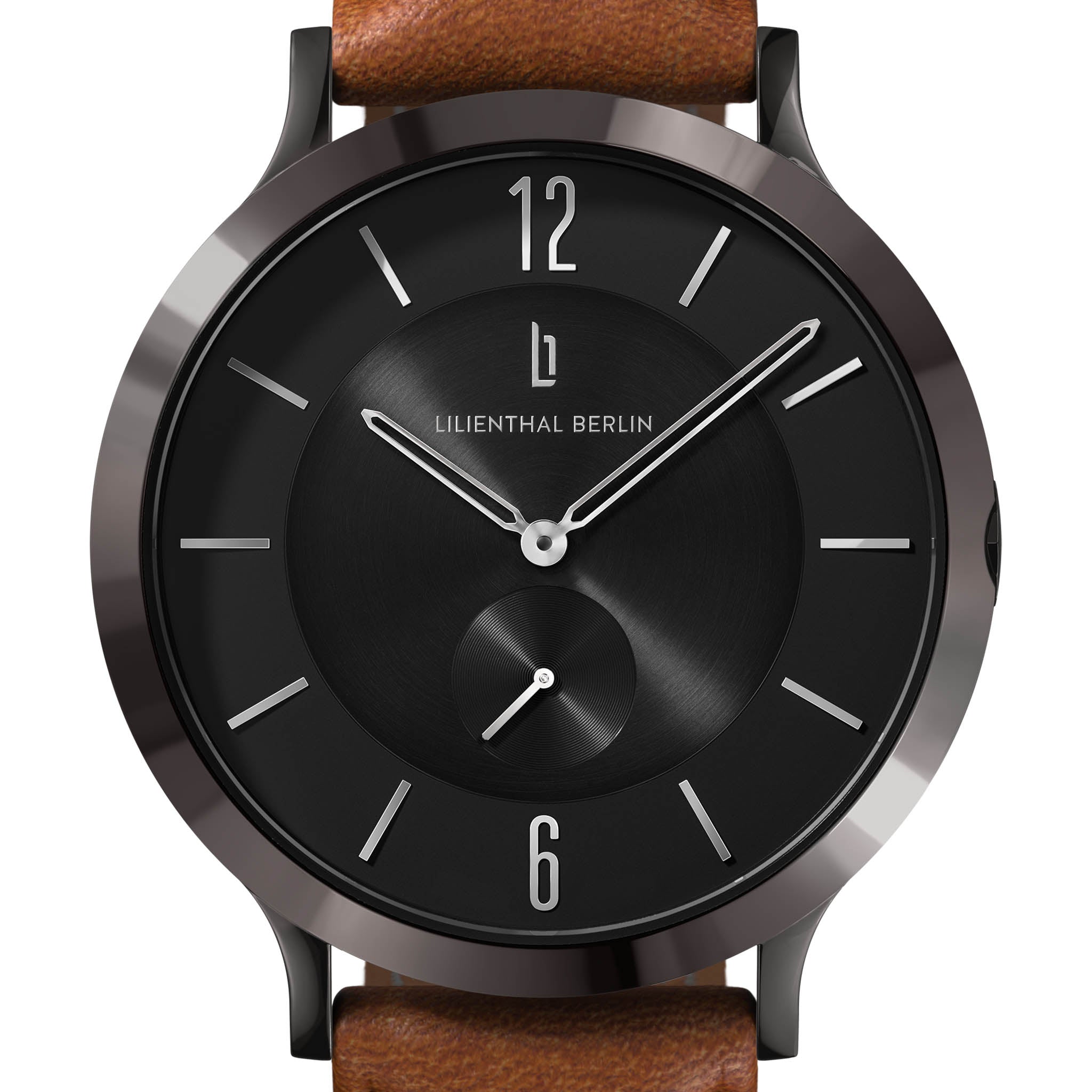 Black minimalist watch face with silver markers, brown leather strap, modern design