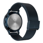 Stainless steel chronograph watch with mesh strap, engraved case back, and blue finish