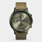 Olive green chronograph watch with subdials, date display, and brown leather strap