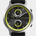 Modern chronograph watch with black dial, yellow accents, and black leather strap