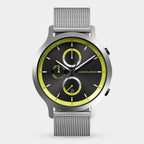 Stainless steel mesh watch with black and yellow chronograph dial and date display