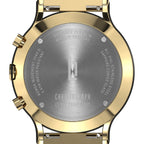 Gold and silver chronograph watch back with engraved details, stainless steel case