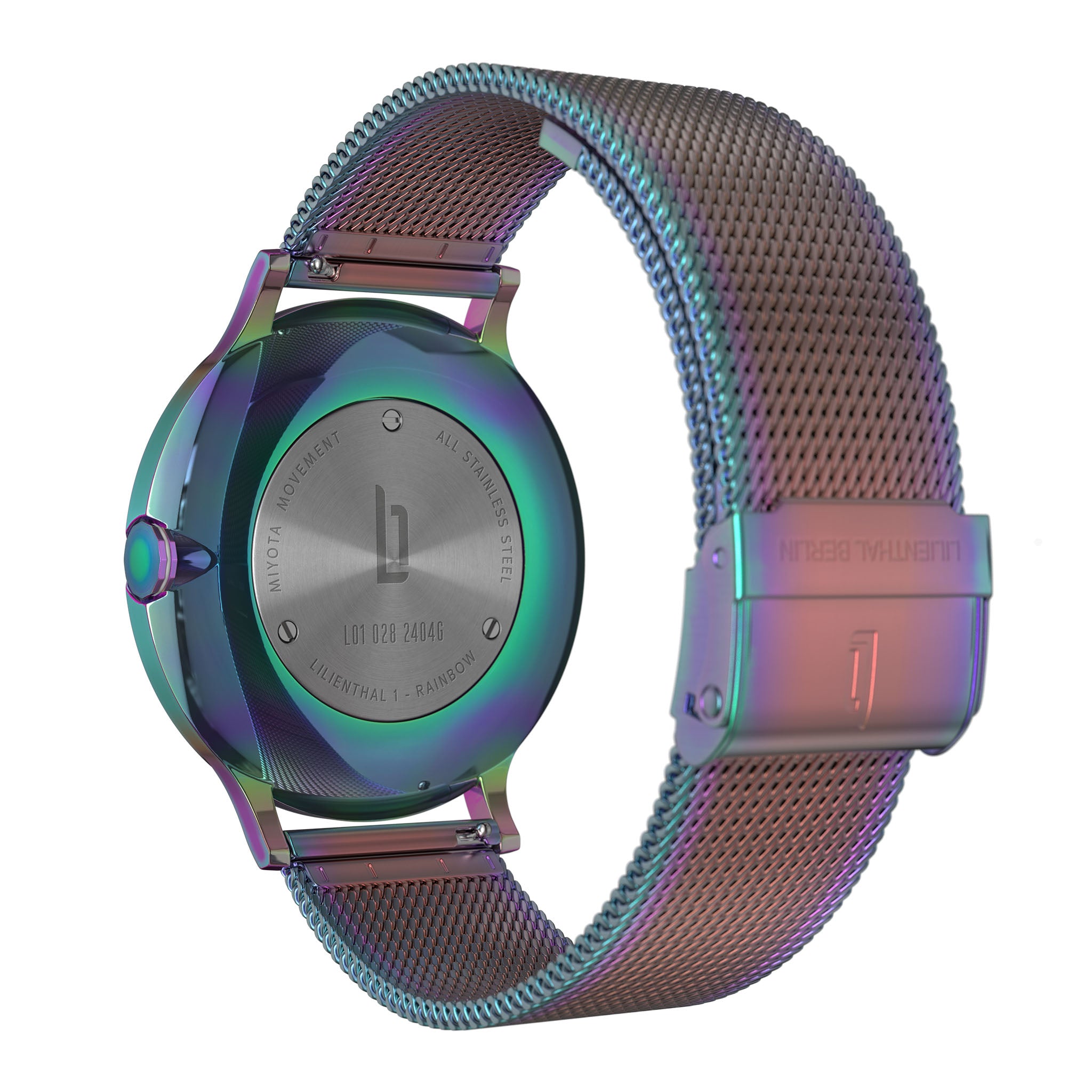 Rainbow-finish stainless steel mesh watch strap and case back with engraved details