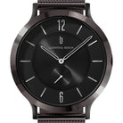 Minimalist black wristwatch with mesh strap, silver markers, and Lilienthal Berlin logo on dial