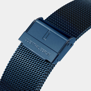 Close-up of blue mesh watch strap with engraved Lilienthal Berlin clasp on white background